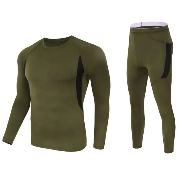 Design Base Layer Set Army Green Sporty Long Sleeve Top and Leggings Activewear - 1