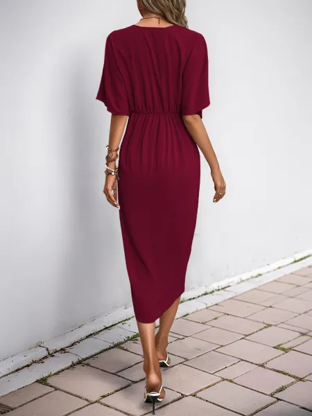 Design Wrap Front V-Neck Midi Dress Burgundy - 18