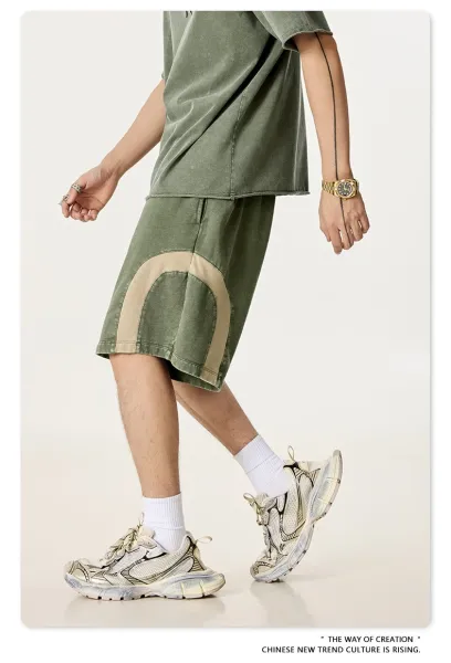 Design BE Thrived Army Green-Khaki Patchwork Shorts - 34