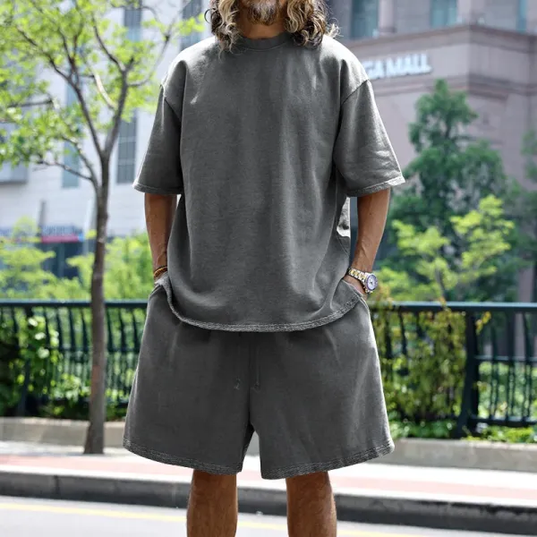 Design Oversized Relaxed Fit Gray T-Shirt and Shorts Set - 1