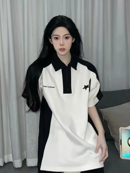 Design Color-Block Zip-Neck Polo Black / Gray Star Print Tops.polo - 5