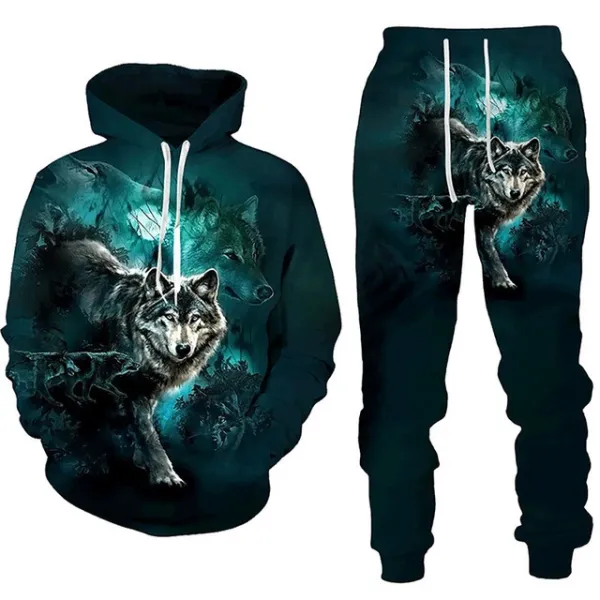 Design Wolf Print Hoodie and Sweatpants Set Teal Multicolor Tracksuit - 1