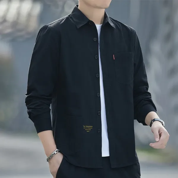 Design Long-Sleeve Button-Up Shirt Black Tops Shirt - 1