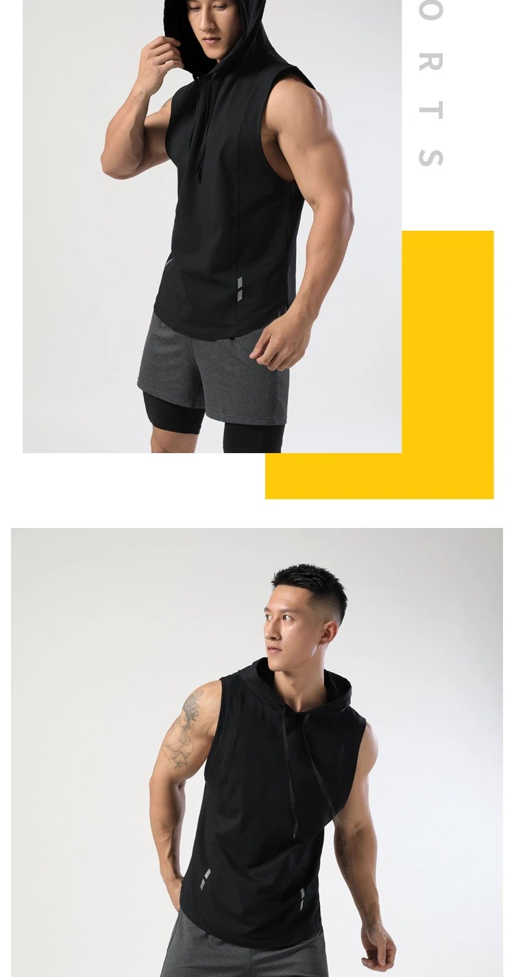 Design Sleeveless Hooded Vest Black with Gray Shorts Vest Top - 8