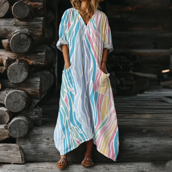 Design Multicolor Zebra Print V-Neck Maxi Dress - 1