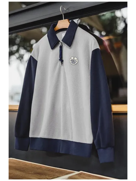 Design Fleece Half-Zip Pullover Gray and Navy Sweater - 8