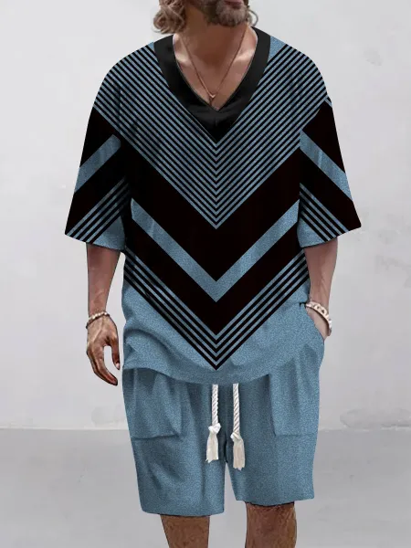 Design Geometric Chevron V-Neck Set Blue and Black - 1