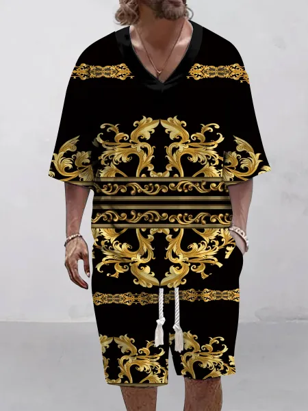 Design Baroque Gold Print V-Neck Short Set Black Casual Set - 1