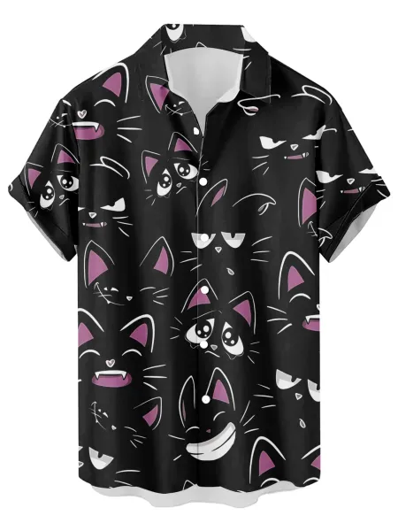 Design Cat Face Print Black Hawaiian Shirt - 1