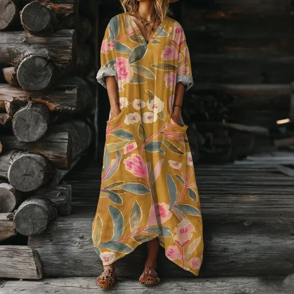 Design Floral Print V-Neck Maxi Dress Mustard Yellow Casual Dress - 1