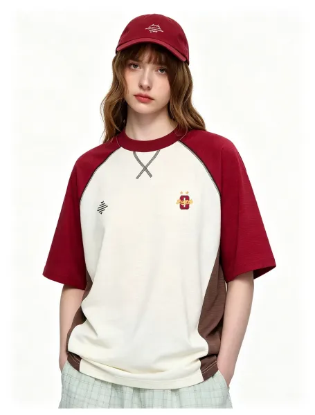 Design Raglan Sleeve Color-Block T-Shirt White Burgundy Brown - 4