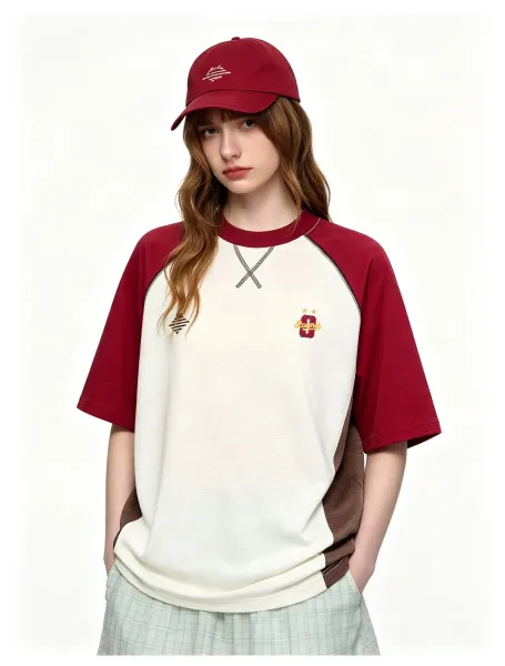 Design Raglan Sleeve Color-Block T-Shirt White Burgundy Brown - 5
