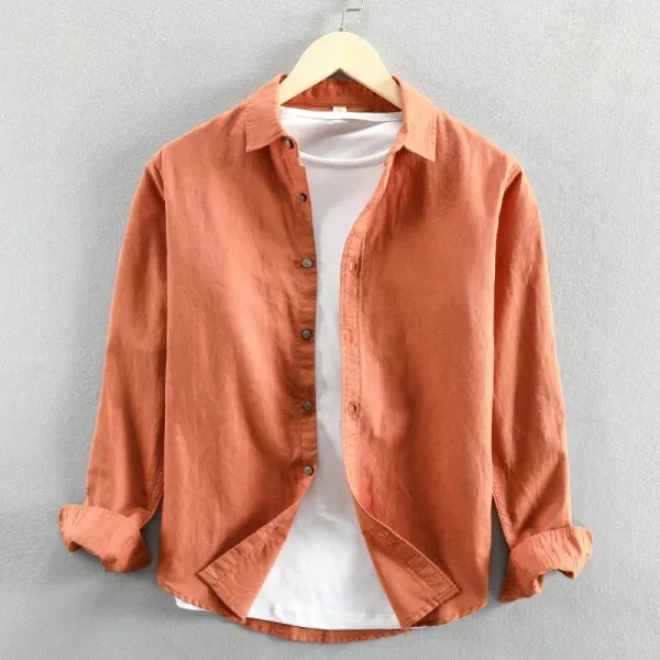 Design Linen Blend Button-Up Shirt Orange Tops Shirt - 1