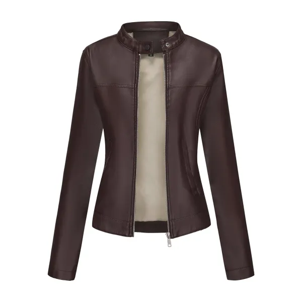 Design Moto-Style Brown Faux Leather Jacket - 1