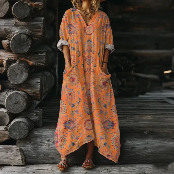 Design Bohemian Print Orange Maxi Dress with Pockets - 1