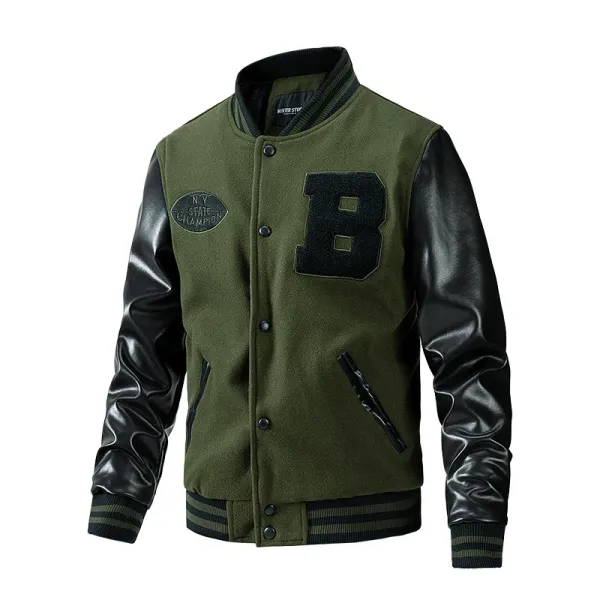 Mitchell & Ness Letterman Jacket Olive Green with Black Leather Sleeves Outerwear Jacket - 1