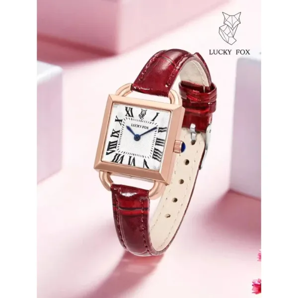 Design Lucky Fox Square Dial Rose Gold Watch Burgundy Leather Strap Watch Watches - 1