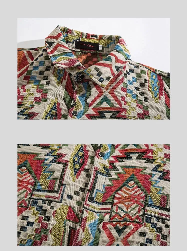 Design Aztec Print Long-Sleeve Button-Up Shirt Black White Tops Shirt - 7