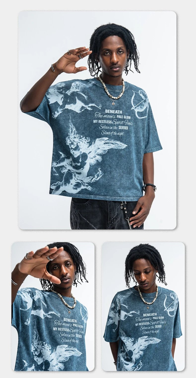 Design Cherub Print Acid Wash Gray T-Shirt - 9