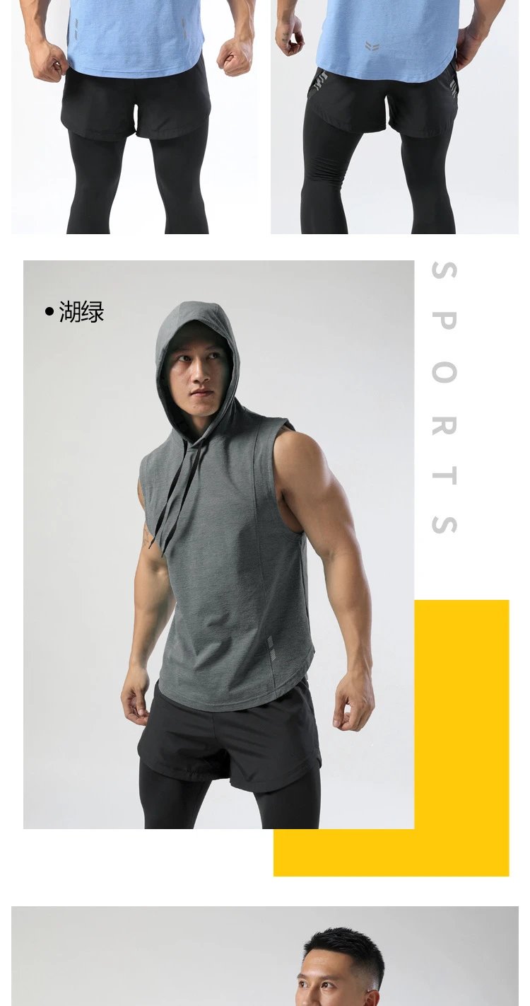 Design Sleeveless Hooded Vest Black with Gray Shorts Vest Top - 17