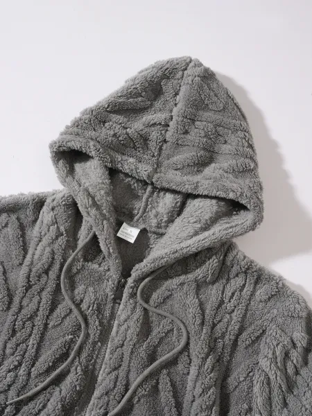 Design Faux Fur Cable Knit Hooded Jacket Gray Outerwear - 12