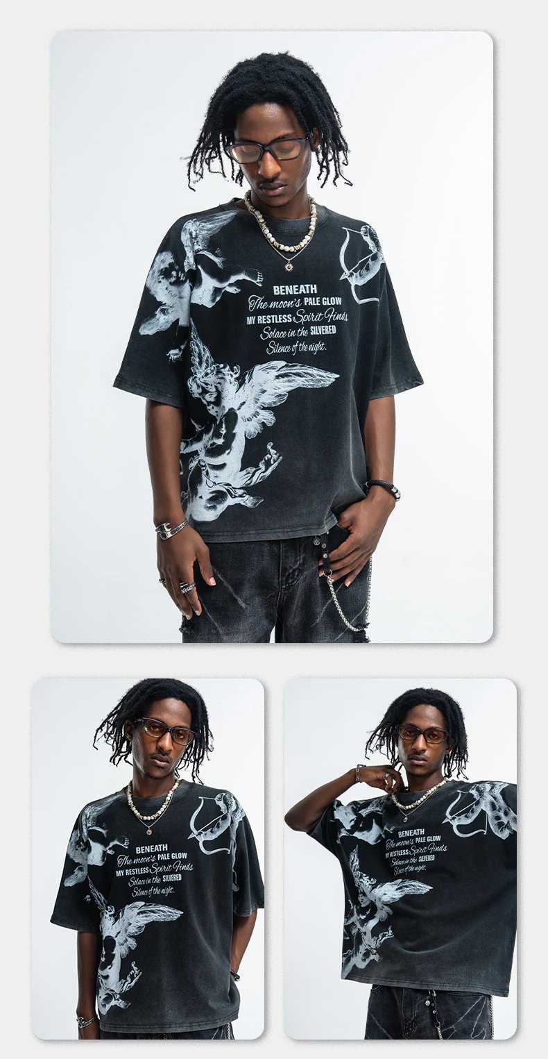 Design Cherub Print Acid Wash Gray T-Shirt - 11