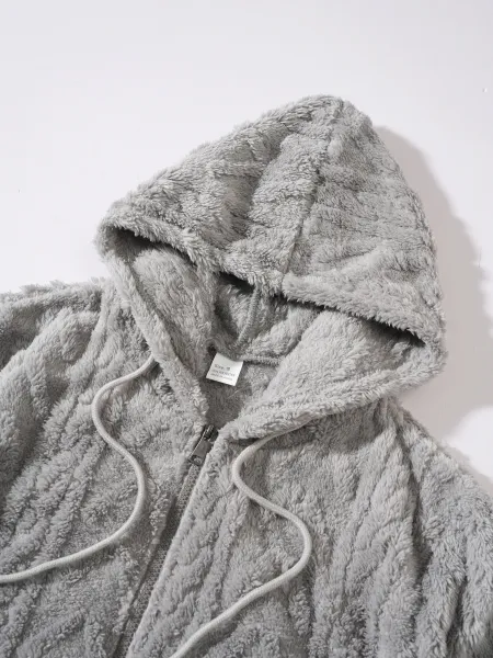 Design Faux Fur Cable Knit Hooded Jacket Gray Outerwear - 26