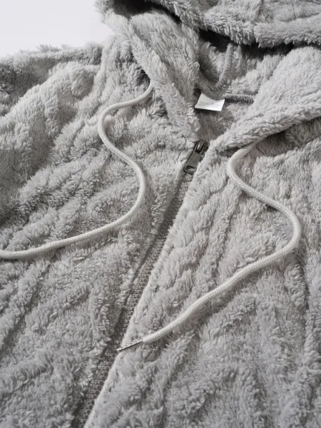 Design Faux Fur Cable Knit Hooded Jacket Gray Outerwear - 27