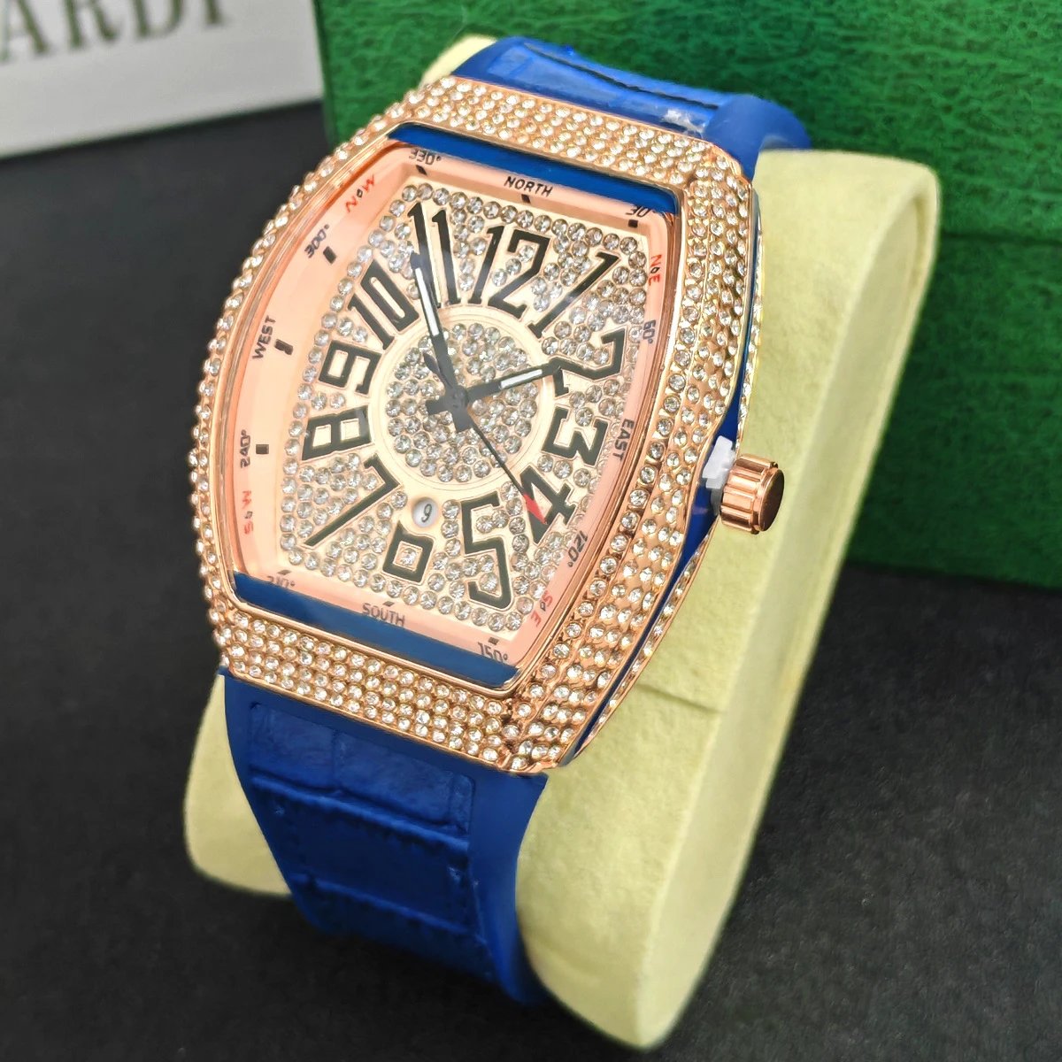 Design Luxury Chrono Diamond-Encrusted Gold Tone Watch with Blue Rubber Strap Watches - 4