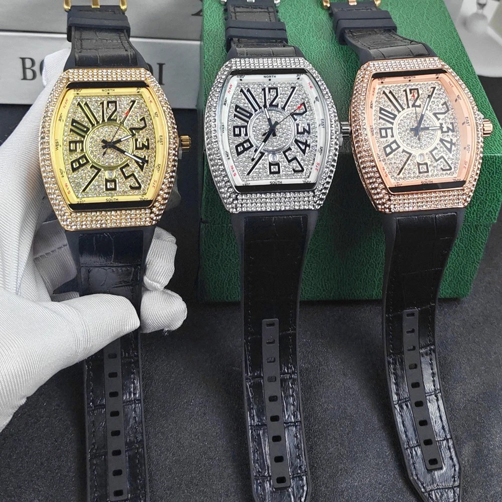 Design Luxury Chrono Diamond-Encrusted Gold Tone Watch with Blue Rubber Strap Watches - 12