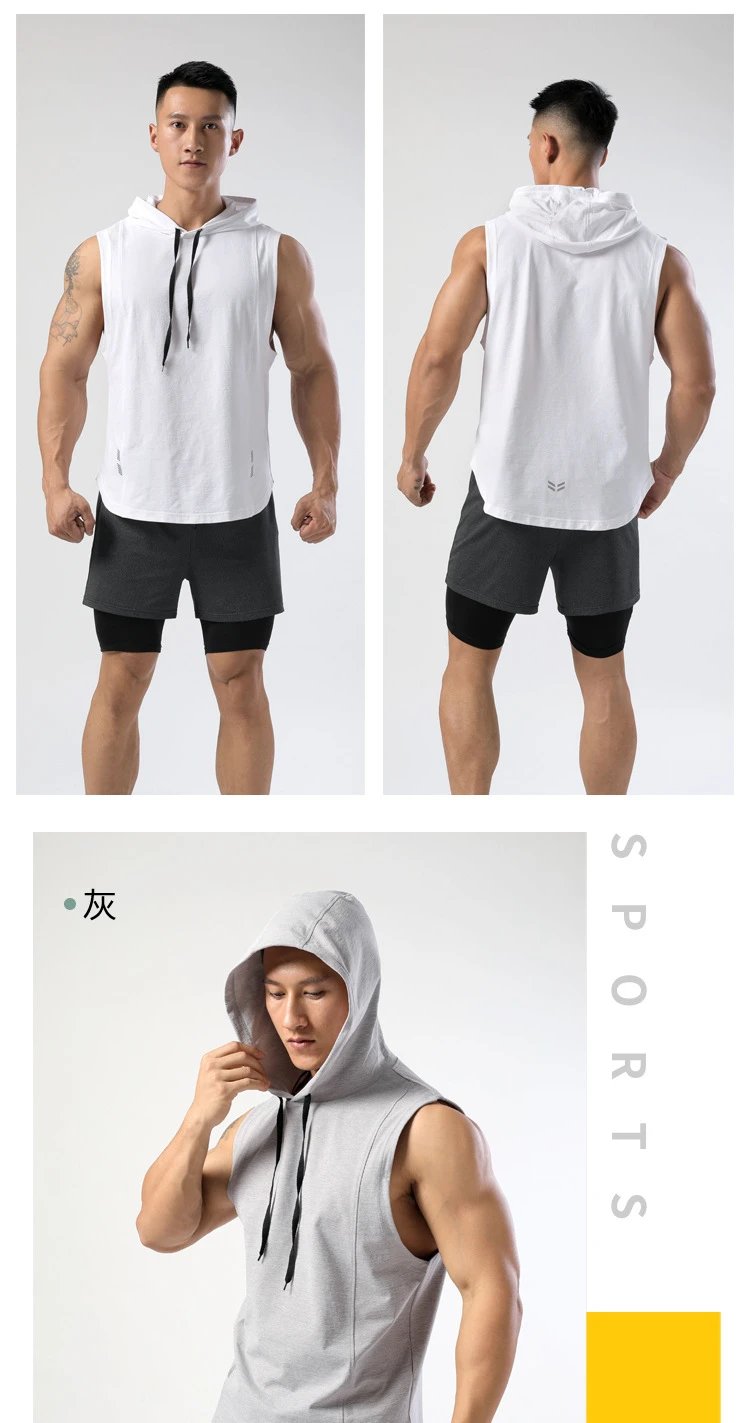 Design Sleeveless Hooded Vest Black with Gray Shorts Vest Top - 12