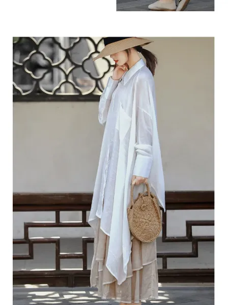 Design Oversized Linen Shirt White + Tiered Skirt Beige + Straw Hat + Woven Bag Handbag - 16