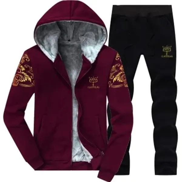 Design Embroidered Hoodie and Sweatpants Set Burgundy Black - 1