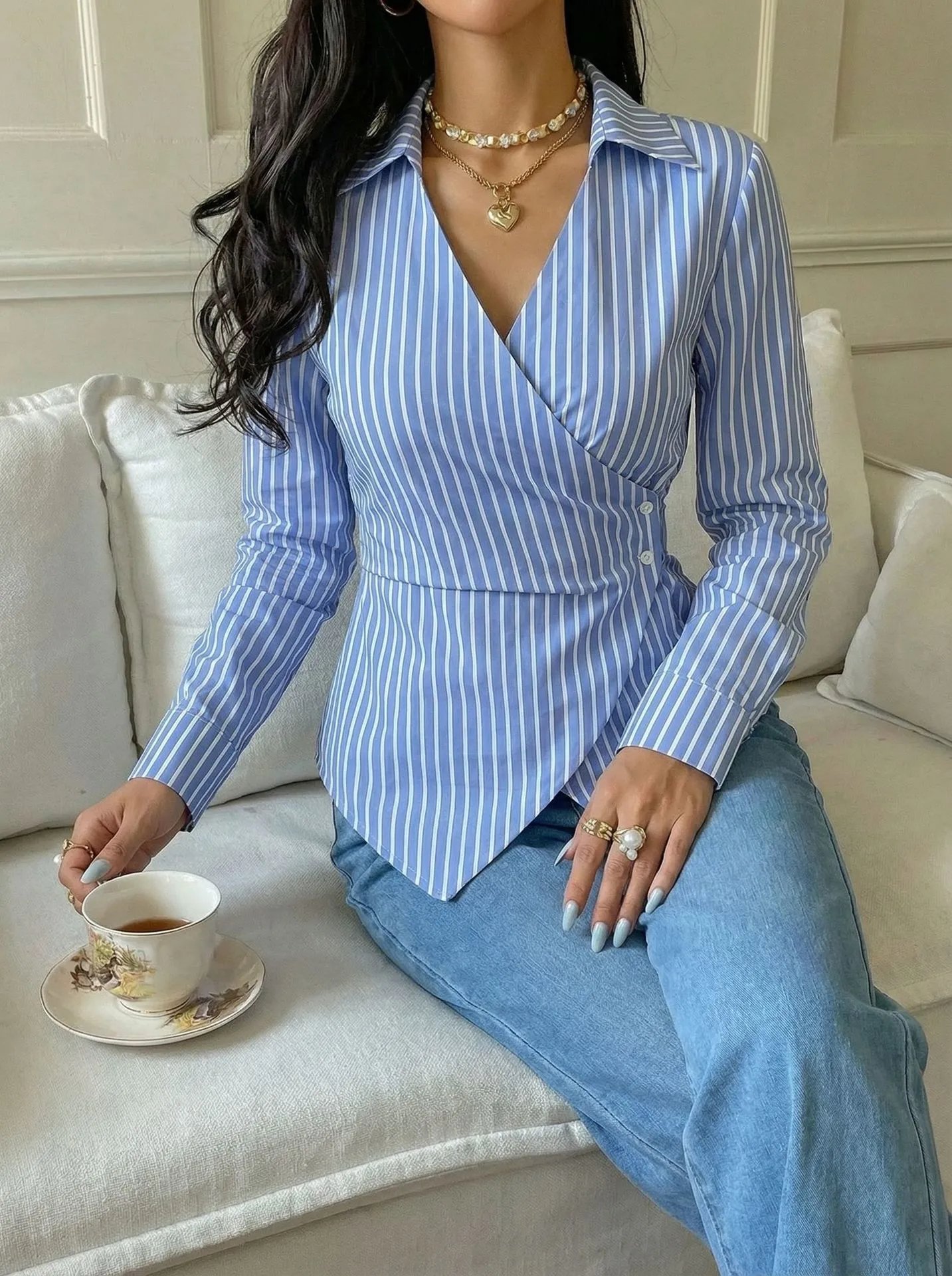 Design Striped Asymmetrical Wrap Shirt Black and White Tops Shirt - 15