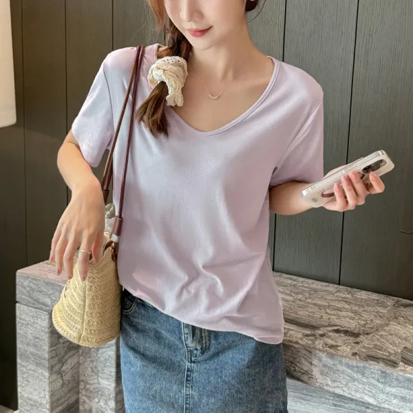 Design V-Neck Slub Cotton T-Shirt Light Purple - 1