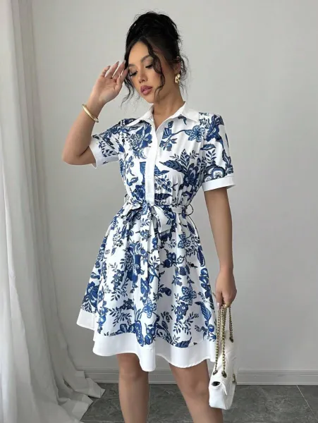 Design Floral Print Shirt Dress in White and Green - 6