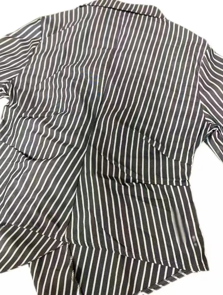 Design Striped Asymmetrical Wrap Shirt Black and White Tops Shirt - 24