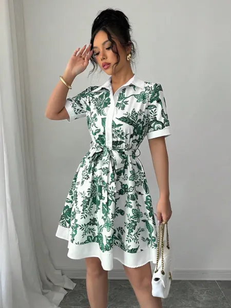 Design Floral Print Shirt Dress in White and Green - 11