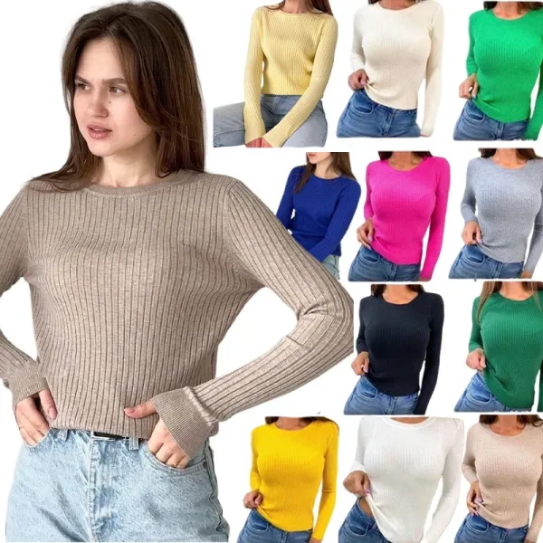 Design Ribbed V-Neck Long Sleeve Sweater Light Blue - 3