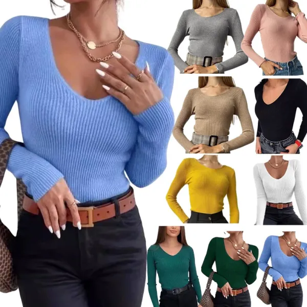 Design Ribbed V-Neck Long Sleeve Sweater Light Blue - 5