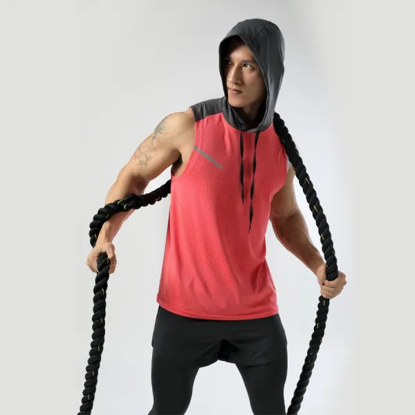 Design Hooded Mesh Vest Top in Coral Red with Gray Hood - 1