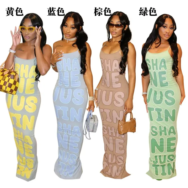 Design Graphic Print Beige Maxi Dress with 'SHANE JUSTIN' Typography - 5