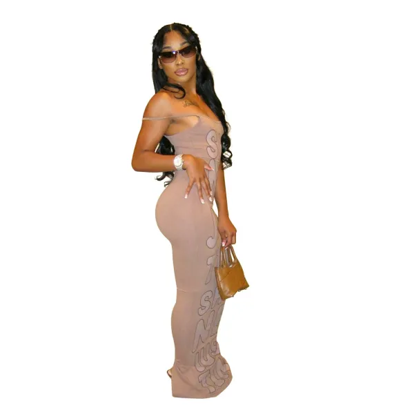 Design Graphic Print Beige Maxi Dress with 'SHANE JUSTIN' Typography - 19