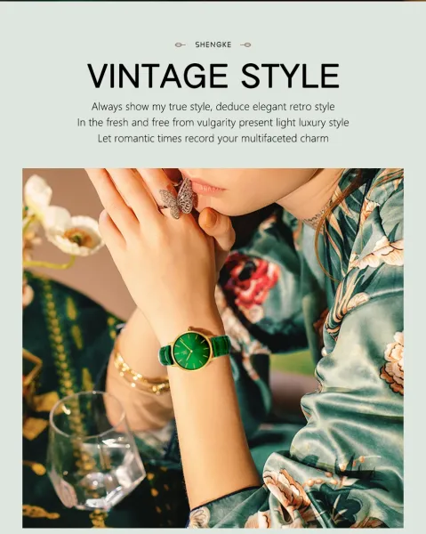 Design Shengke Minimalist Green Dial Gold Case Leather Strap Watch Watches - 4