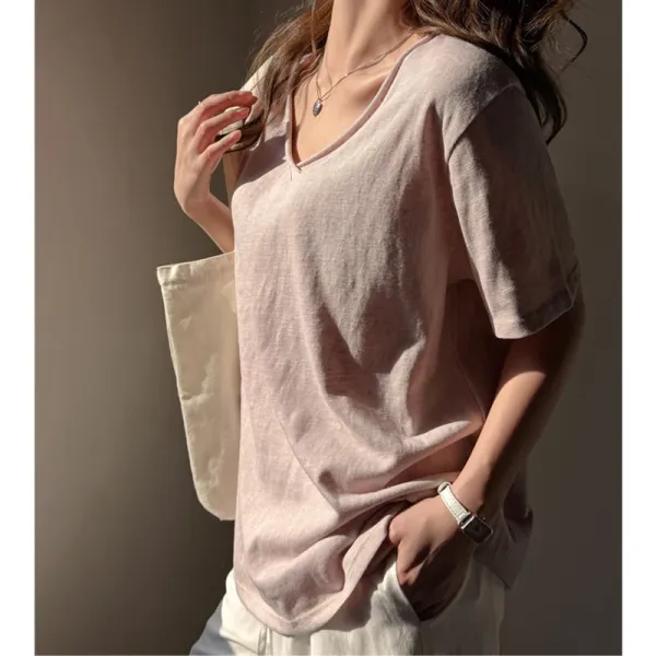 Design V-Neck Linen Blend T-Shirt Dusty Pink Top - 1