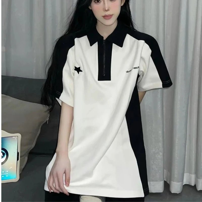美式复古2023年春秋季男女学院风设计感短袖青春流行情侣宽松上衣