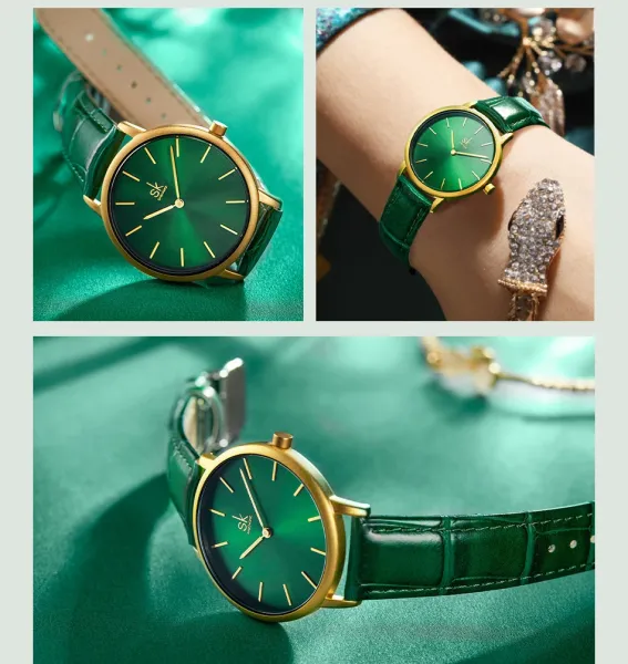 Design Shengke Minimalist Green Dial Gold Case Leather Strap Watch Watches - 6