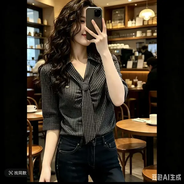 Design Grid Tie-Front Shirt Black and White Tops Shirt - 1