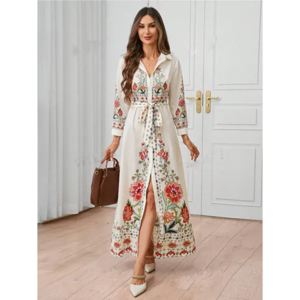 Design Floral Embroidered Belted Shirt Dress Beige - 1