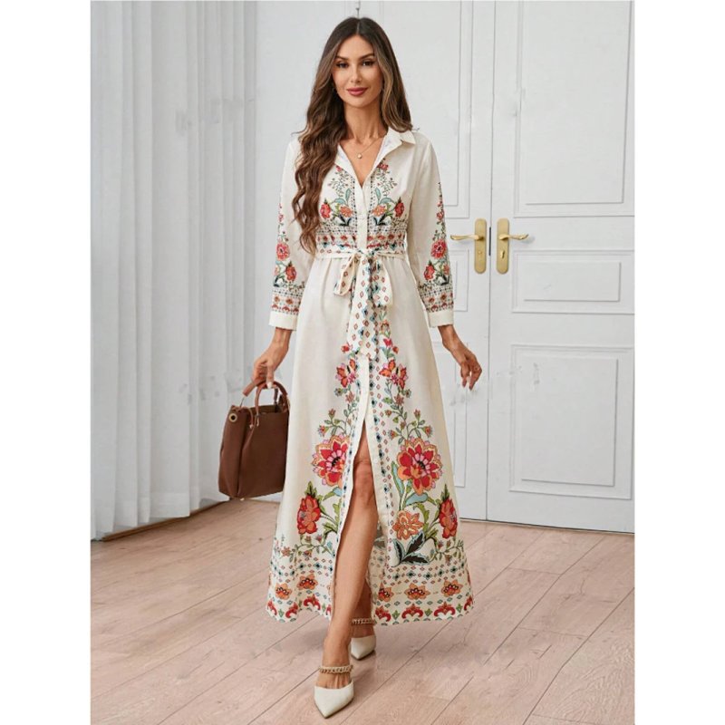 Floral Embroidered Belted Shirt Dress Beige